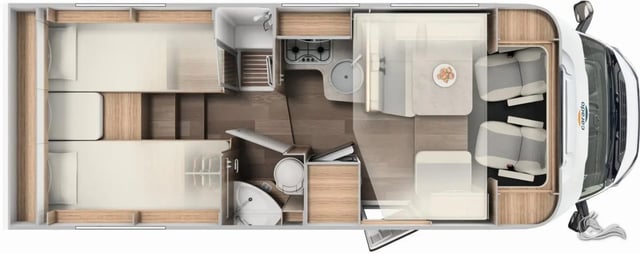 Carado T447 -25  4,4T  / Automatik, tolle Ausstattung mit Einzelbetten und Hubbett für 4 Personen, SAT / TV / Solar / Navi und Markise  und Fahrradträger