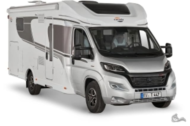 Carado Edition 15 T447-26 Tolle Ausstattung mit Einzelbetten und Hubbett für 4 Personen, SAT / TV / Solar / Navi und Markise  und Fahrradträger 