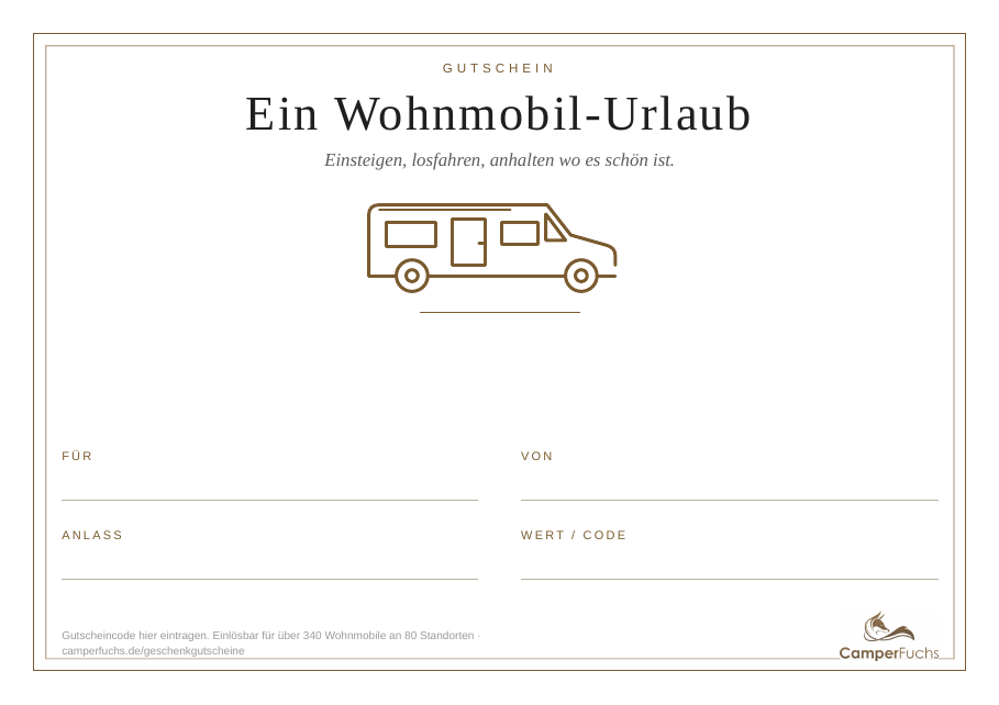 Wohnmobil-Gutschein zum Ausdrucken 1 Wohnmobil-Gutschein Vorlage klassisch zum Ausdrucken